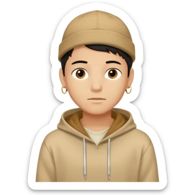 {
  "type": "human",
  "look": "male, tan hoodie, brown cap, gold jewelry, calm face, front view",
  "description": "a young man wearing a hoodie and cap, looking relaxed and confident"
} sticker
