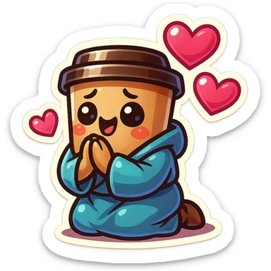 Tall coffee cup, bowing on knees, gushing with love, worship, wearing soft blue monk robes sticker