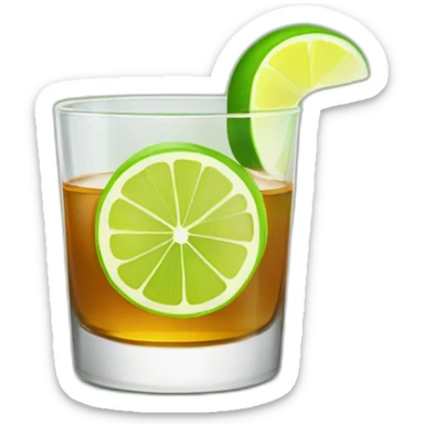 A single whiskey shot with a single slice of green lemon piece on it sticker