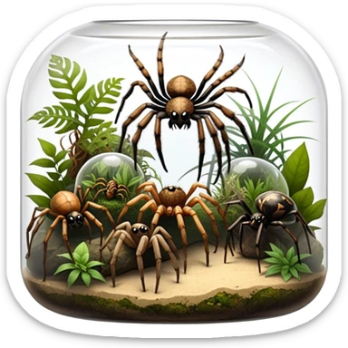Collage of various spiders, including tarantulas and other exotic species, inside a  terrarium with webs and natural décor. Close-up shots of their intricate legs, eyes, and fuzzy bodies. Soft lighting, transparent background. sticker