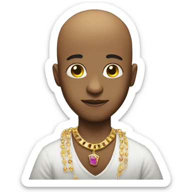 bald boy with jewelry indoors with bible sticker