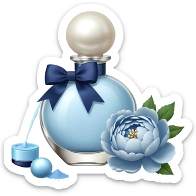 pearl blue vintage style perfume bottle and navy colored peonies and a powder blue bow sticker