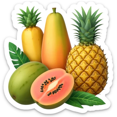 Fresh tropical fruits flatlay (papaya, mango, pineapple) with pastel tones. sticker