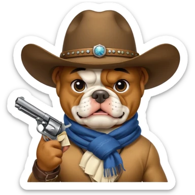 A bulldog wearing a cowboy hat, covering his mouth with a scarf so he wouldn't be recognized, pointing a revolver at you, telling you to hand over your money. sticker