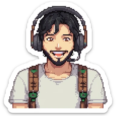 anime style laughing man with black hair, brown eyes, black beard wearing gaming headset sticker