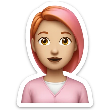 20 years old girl with straight short red hair, white skin, big pinky lips, big eyes, calm face, in pink clothes works on macbook sticker