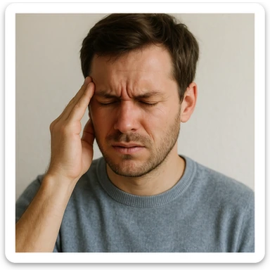 persona con dolor de cabeza, estilo realista suave, gesto de incomodidad, fondo claro, mano en la sien sticker