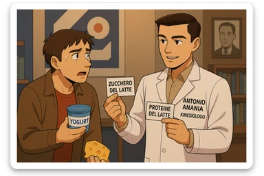 fai un webtoon manga a colori con questo stile, in cui un uomo fa una domanda al kinesiologo con il camice bianco (fagli anche la scritta "ANTONIO ANANIA" SUL CAMICE, l'uomo chiede una cosa mostrando un formaggio e uno yogurt al kinesiologo con il camice, IL KINESIOLOGO annuisce e SPIEGA ALL'UOMO UNA cos. L'UOMO ha un ESPRESSIONE CONFUSA IN VOLTO. non fare i fumetti però, fai solo in modo che sembri stiano parlando sticker