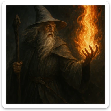 Gandalf wizard casting fire, detailed, fantasy style, dramatic lighting, mystical atmosphere sticker