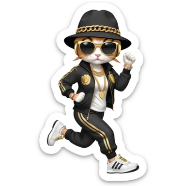 female cat running upright wearing Run DMC hip-hop outfit, tracksuit, fedora, Adidas sneakers, dark sunglasses, many gold chains, bling accessories (rings, bracelets, earrings) sticker