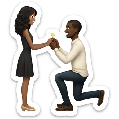 Black guy with short hair proposing on one knee with a ring to a standing light brown girl with long black hair sticker