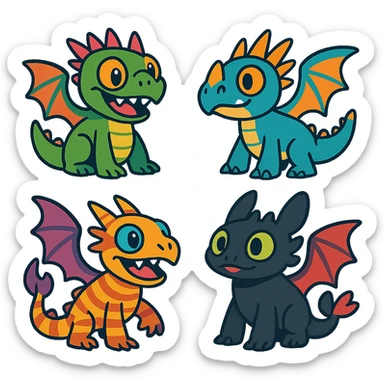 group of small, cute dragons from How to Train Your Dragon, fun and colorful style sticker