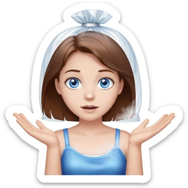 Brown hair blue eye Girl shrugging holding a clear plastic bag with white sparkly powder sticker