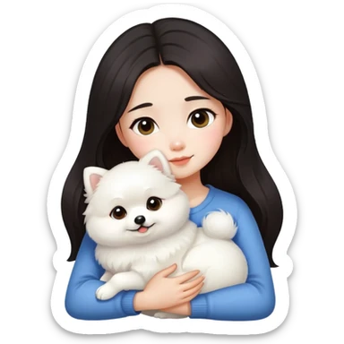 Dark hair Chinese girl hugging white Pomeranian  sticker