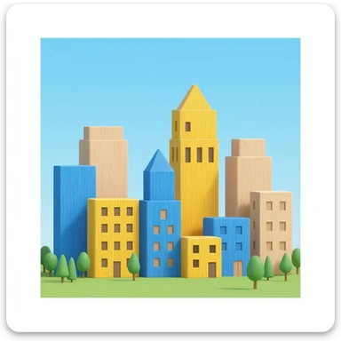 Create a light wooden city skyline toy, alternating with blue wooden buildings, yellow wooden buildings and neutral colored buildings sticker