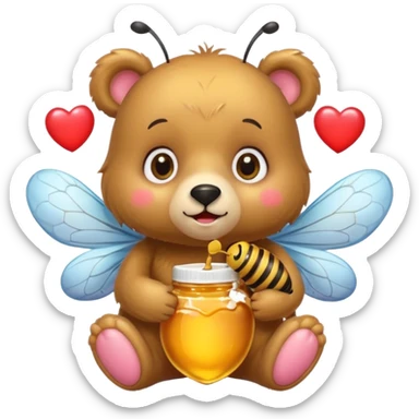 a cute bear with honey and bee and hearts, with big eyes sticker