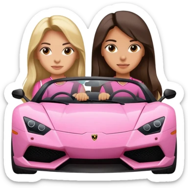 Make car far away so I can see full car Car facing forward in sports car. Make hair long  two girls in car far away Front of car sitting in the seats. Make it a pink sports car. They are two baddies make it a Lamborghini pink car  sticker