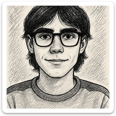 Dark-haired guy with hair to his earlobes, square black glasses, brown eyes, black doodle style sticker