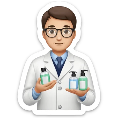 man with white coat and glasses holding skincare products sticker