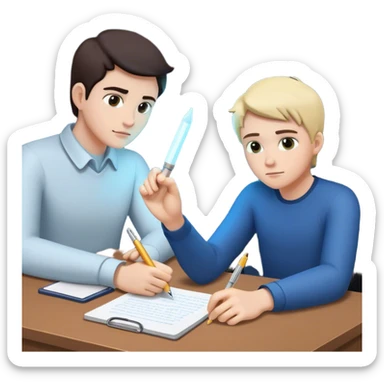 The present self sits at a desk, hesitating, while another glowing hand—representing the future self—rests reassuringly on their shoulder. In the other hand, the future self holds out a pen, gently encouraging action, symbolizing the power of starting despite doubt. sticker