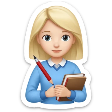 cute girl, glass, smart, Sky-blue colored clothing,
holding a book in one arm and a pen in the other hand.Holding a pen in the right hand as if teaching. sticker