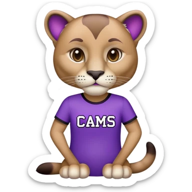 A cougar that has a pirple and black shirt on that says cams  sticker