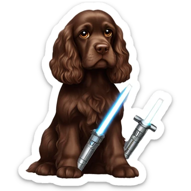 Chocolate brown cocker spaniel with lightsaber sticker