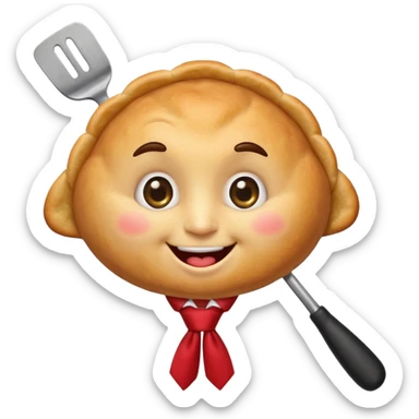 emoji style, happy fried empanada with face, big sparkling eyes, blushing cheeks, two buck teeth, red necktie, holding spatula, thick black outline, golden brown color, very cute and wholesome, transparent background sticker