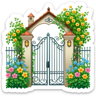 iron fence house entrance with vines, flowers and garden sticker