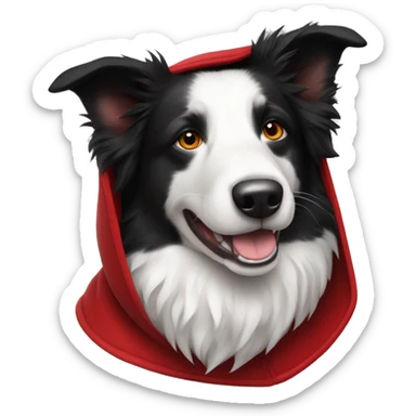 Black and white Border Collie wearing a red velvet hood with white fur trim. sticker
