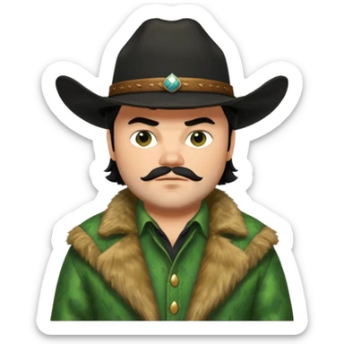 jack black haired cowboy in green fur coat with black hat sticker