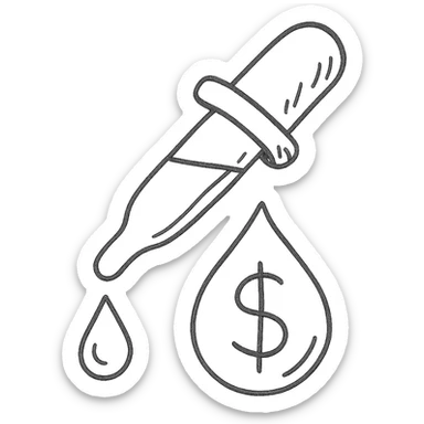 hand-drawn outlined pipette with a golden drop, dollar sign inside the drop sticker