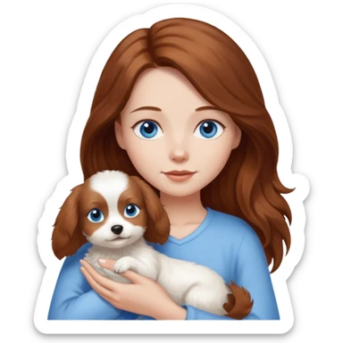 long hair chestnut color blue eyes woman holding small just white dog sticker