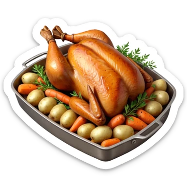 roasted turkey in a baking tray, golden brown crispy skin, whole turkey surrounded by vegetables, oven-baked meal presentation, juicy texture, warm food lighting, 3D cartoon style, mobile game icon style, centered composition, clean background, no text, no watermark
 sticker