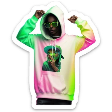 Multicoloured neon black green graffiti person smoking wearing hoodie dancing hip hop bucket hat tropical Skater fashion aesthetic baggy clothes graphic t shirt 420 sticker