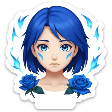 anime girl emoji with dark blue hair, blue rose, intense blue glowing eyes, Solo Leveling style, blue magical aura, high contrast, 2D sticker