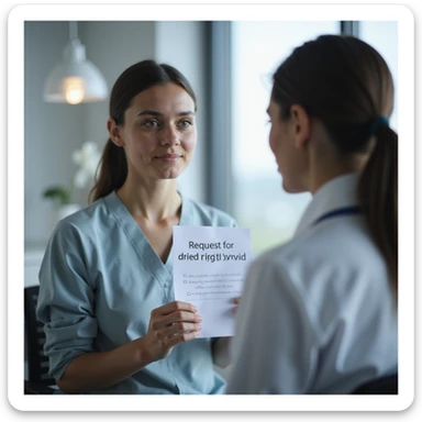 woman sitting in front of a doctor, handing over a paper with 'Request for dried pig thyroid' written on it, determined expression, modern clinical environment, hyperrealistic 4K details sticker
