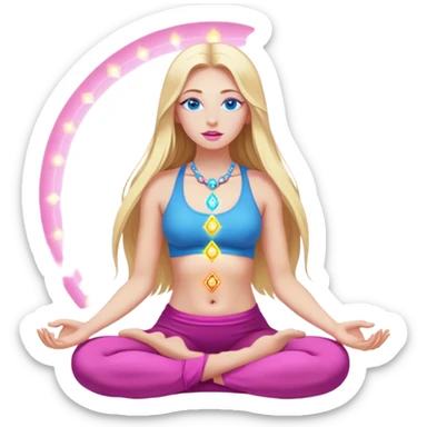Cinematic realistic blonde with long hair, blue eyes and pink lips meditates, her chakras glow sticker