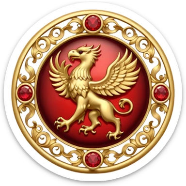Golden griffin crest / brosch in a circle with red gems and no background sticker
