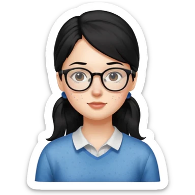안경 쓰고있는 검은색 머리 한쪽만 포니테일하고 잇는 여자애를 그려줘 주근깨도 sticker