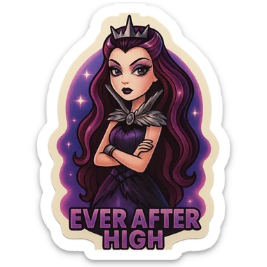 Ever After High sticker of Raven Queen, gothic fashion, purple and black colors, dramatic makeup, crown, magical aura sticker