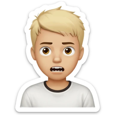 Male Teenager with Short buzz, messy blonde hair, Dark brown bushy eyebrows large expressive golden-brown eyes, wearing a plain white t-shirt, Dark Brown skin color, Confused mouth gape showing teeth sticker