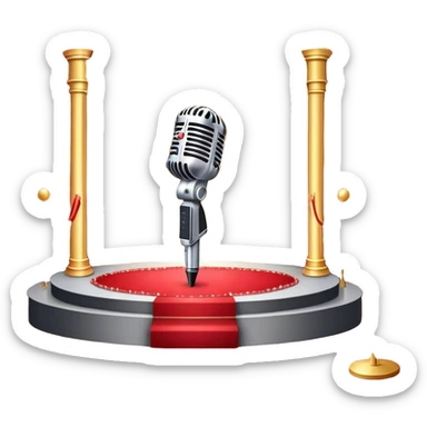 Create a glamorous and vibrant emoji that represents pop or stage vocal performance. The design should feature an empty stage with concert lighting. Include elements like an iconic stage microphone with a sparkling, rhinestone-studded microphone stand, set on a red carpet, a celebratory firework display in the background and a ribbon of musical notes flowing around the scene to symbolize the performance's energy. Use bright colors like gold, red, and silver to emphasize the excitement and glitz of the pop vocal world. The background should be transparent. sticker