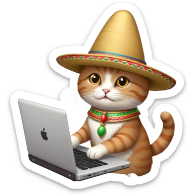 Cat wearing a sombrero typing on a laptop sticker