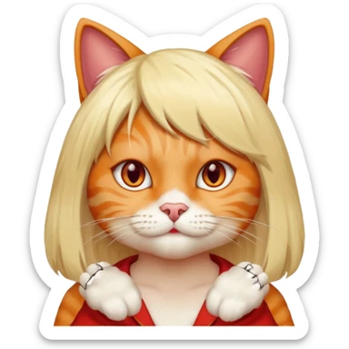 A cat with a wig on and red human nails sticker