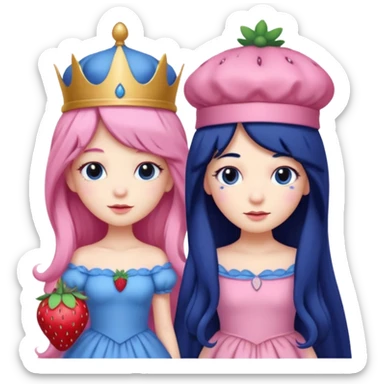 pale blueberry prince with long black hair blueberry hat and clothes next to pale strawberry princess with strawberry hat eyelashes long pink hair and strawberry dress sticker