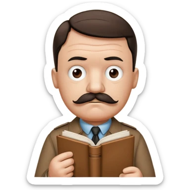 Adolf Hitler as a Mr. Men character, funny and cartoonish, with a small mustache and a grumpy expression, wearing a brown shirt and holding a tiny book sticker