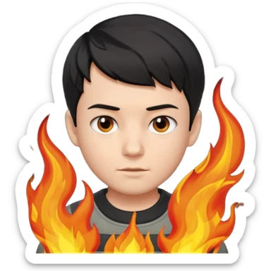 boy with short black hair, fire, risk-taker, realist sticker