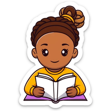 African girl student with brown skin and braided hair writing with book and pen sticker