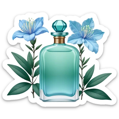 Aesthetic ensemble of soft blue azaleas alongside a charming vintage green perfume bottle.
 sticker